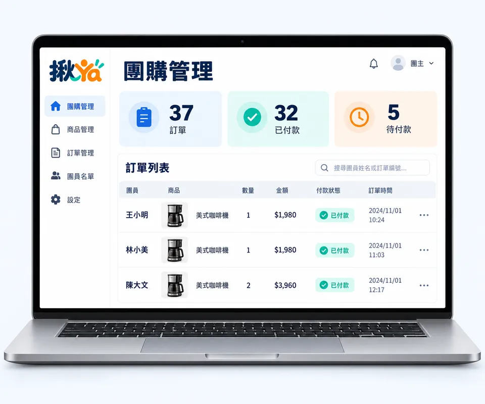揪Ya 團主後台:訂單、付款、收件資料一目了然